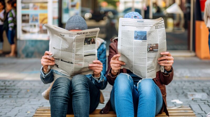 two people reading the newspapers, sitting on a sidewalk, How Citizen Journalism influences media