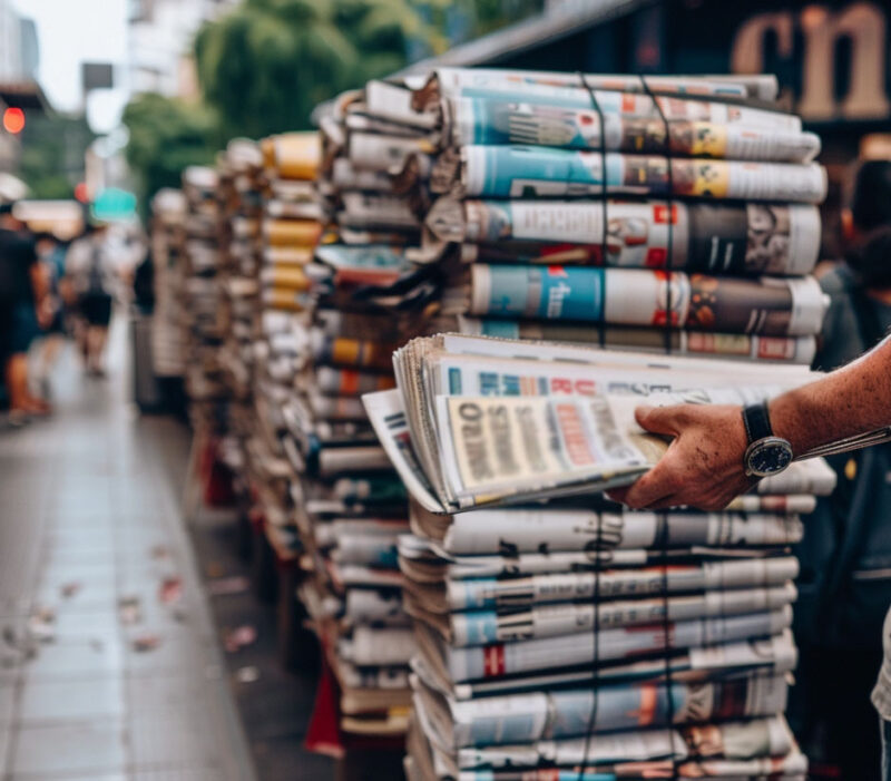 Street sale of paper newspapers, a lot of them and no one is buying them